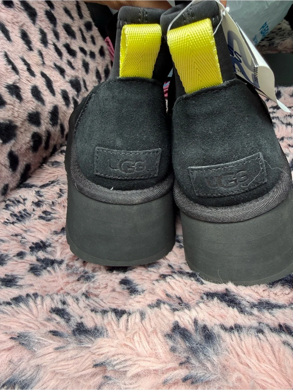 UGG Black Platform Ankle Boot with Yellow Pull Tab